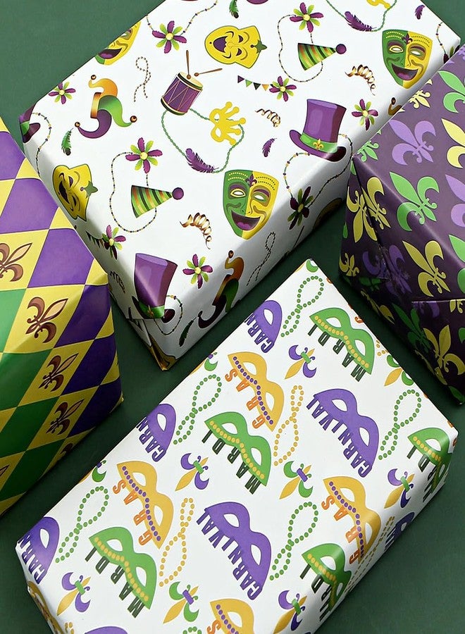 Geluode Mardi Gras Masquerade Party Wrapping Papers For Carnival Holiday, Masquerade Party and Birthday, 4 Sheets 4 Styles Fleur-de-lis, Diamond, Mask, Blindfold Design, Folded Flat 20x28 Inch Per Sheet - Image 4